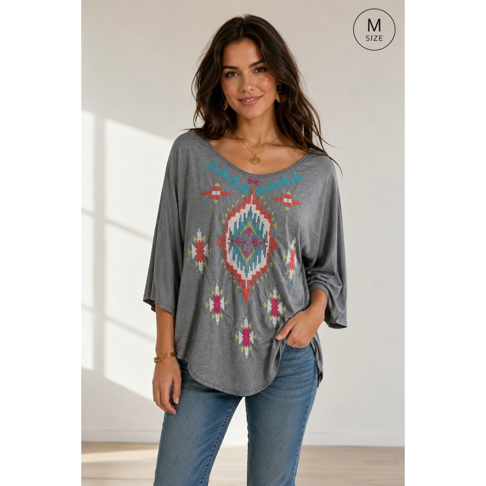 324 JW Los Angeles Johnny Was Embroidered Boho Poncho Top (Medium, Gray, EUC)